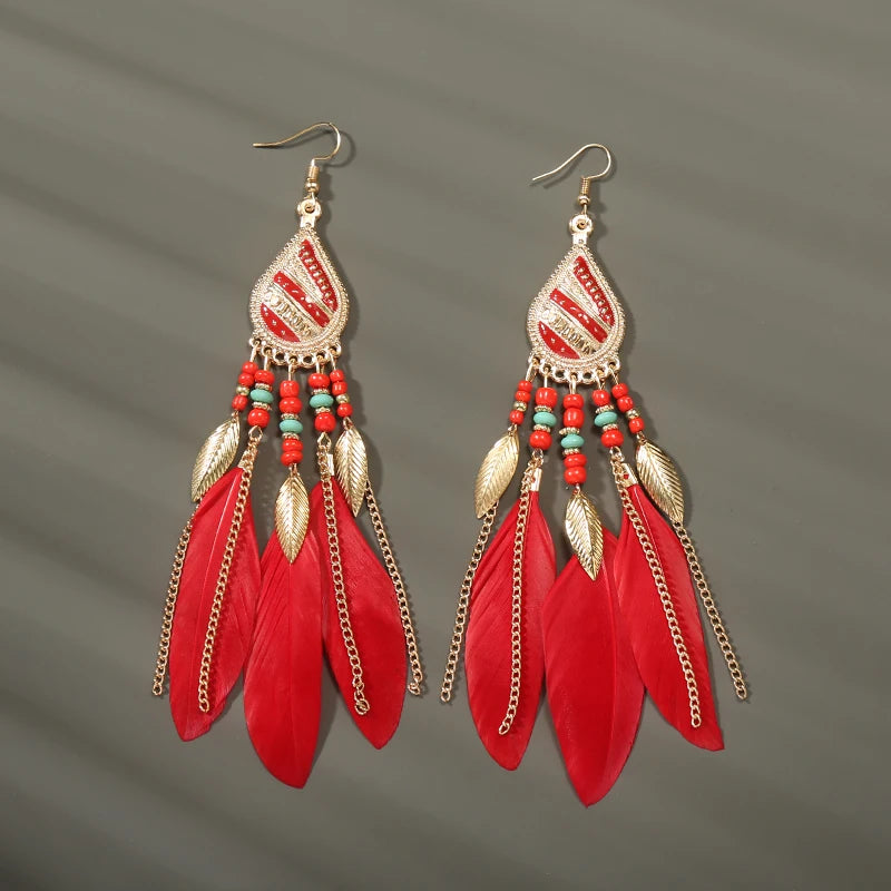 Boho Long Feather Tassel Earrings with Beads & Enamel