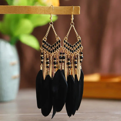 Bohemian Feather Dangle Earrings Long Tassel Colorful Beads