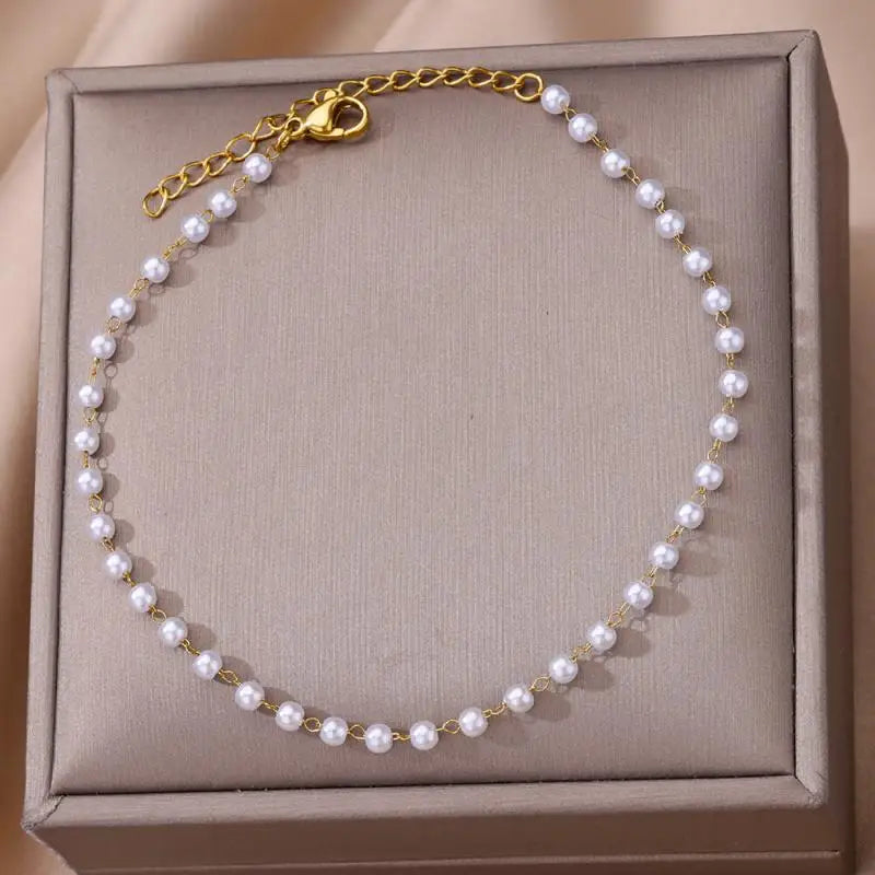 Gold Stainless Steel Imitation Pearl Anklet – Summer Beach Jewelry
