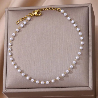 Gold Stainless Steel Imitation Pearl Anklet – Summer Beach Jewelry