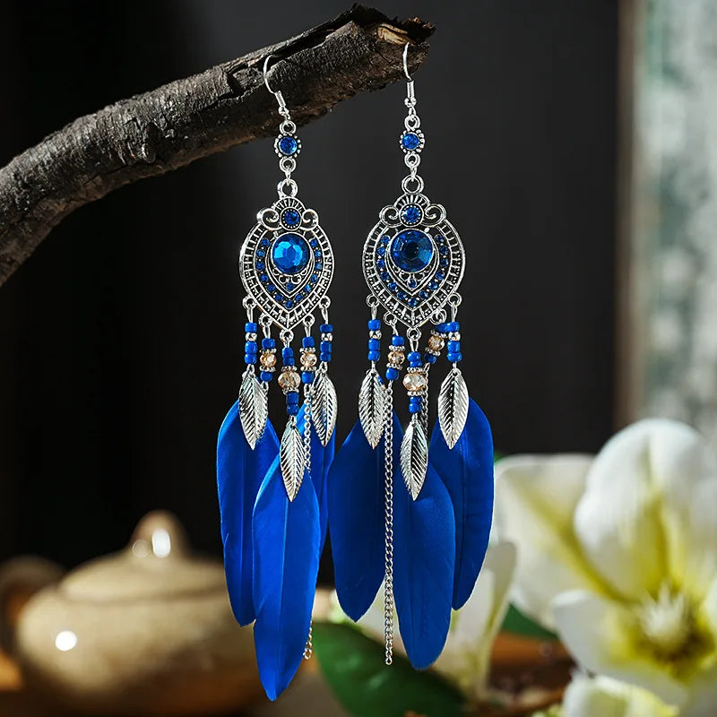 Boho Feather Tassel Earrings – Antique Silver Leaf Drop Earrings