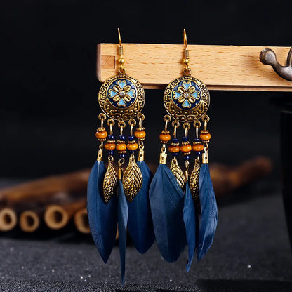 Bohemian Vintage Carved Leaf Feather Tassel Earrings