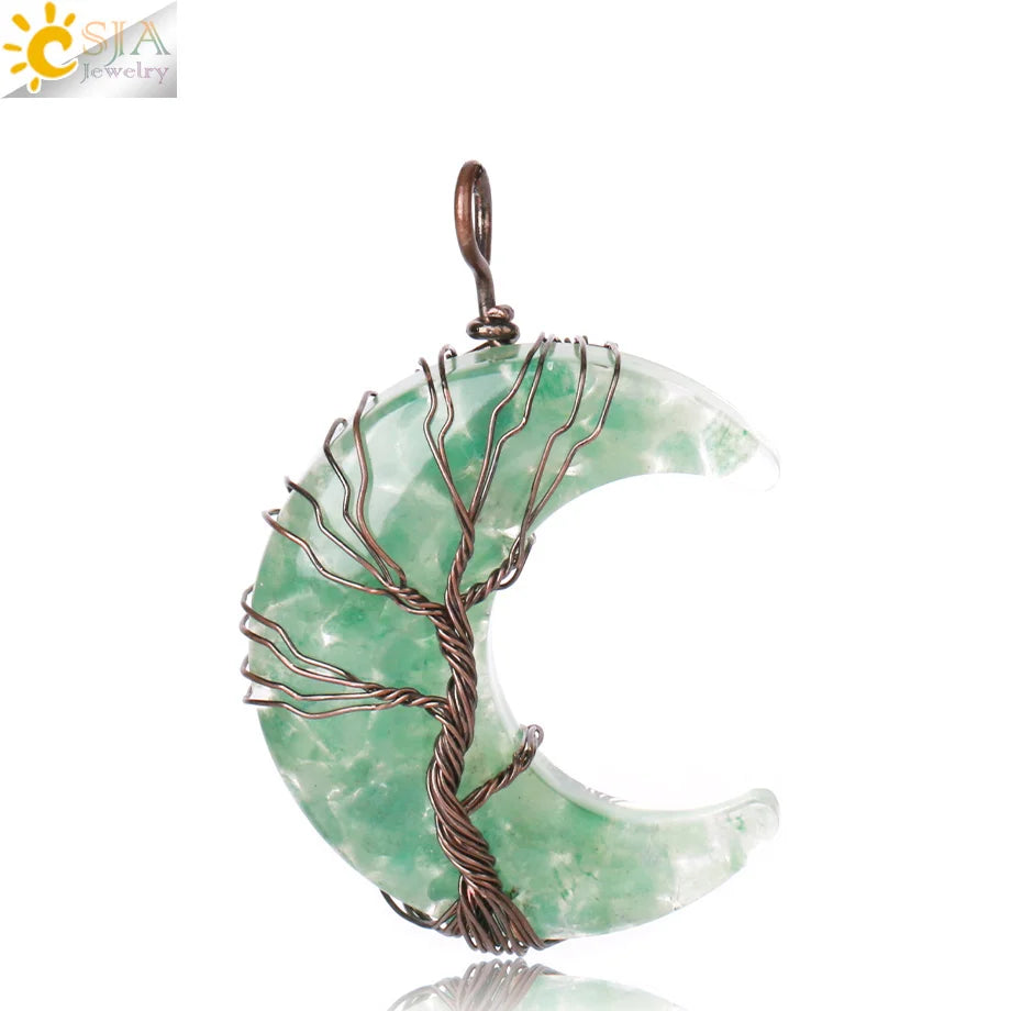 Tree of Life Crescent Moon Pendant – Wire-Wrapped Crystal Necklace