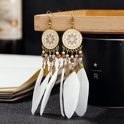 Boho Long Feather Tassel Earrings with Beads & Enamel