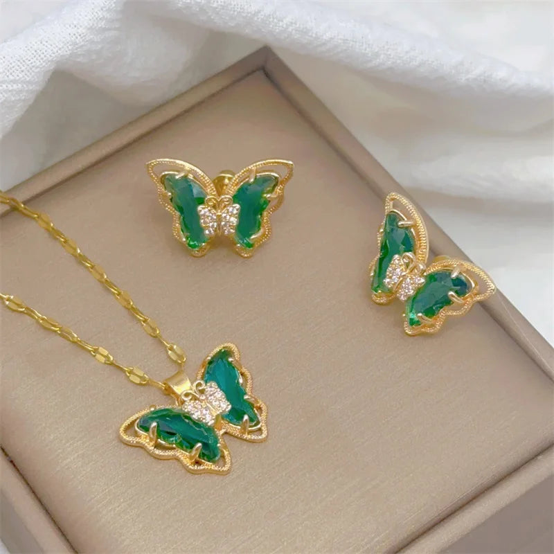 Butterfly Necklace & Earrings - Gold-Plated SS Jewelry Set