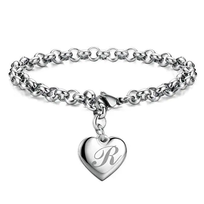 925 Sterling Silver Heart Letter Charm Bracelet for Women