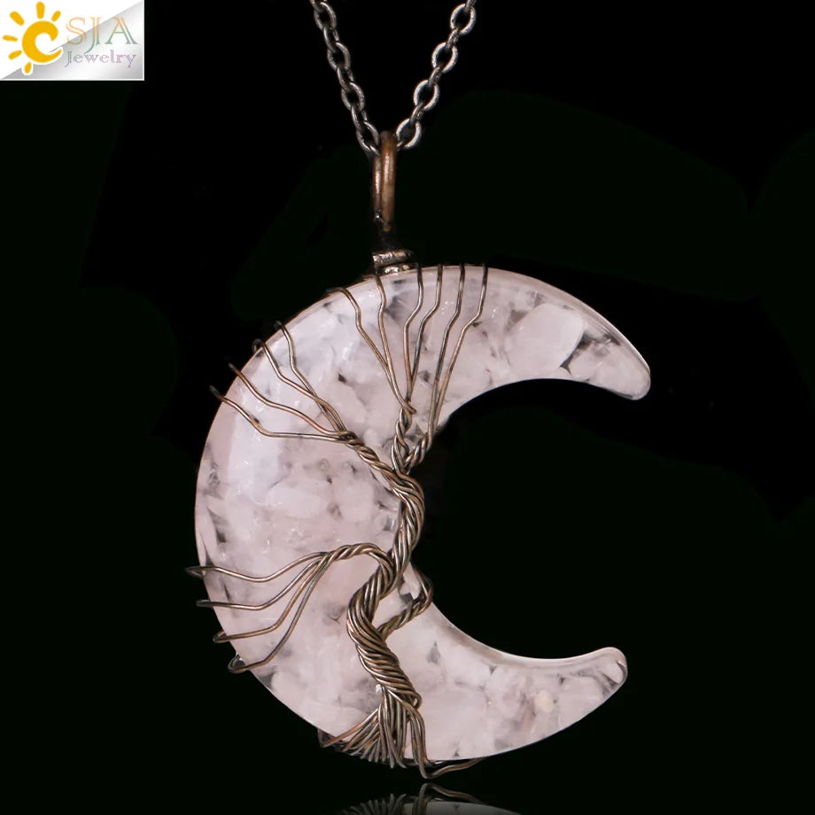 Tree of Life Crescent Moon Pendant – Wire-Wrapped Crystal Necklace