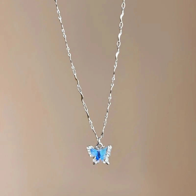 Blue Crystal Butterfly Pendant Necklace