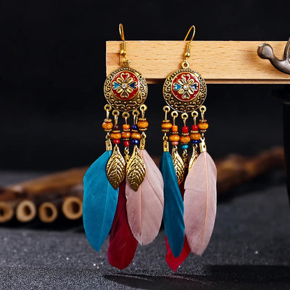 Bohemian Vintage Carved Leaf Feather Tassel Earrings