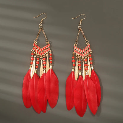Boho Long Feather Tassel Earrings with Beads & Enamel