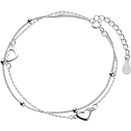 Round Bead Hollow Love Bracelet - Double Heart Design