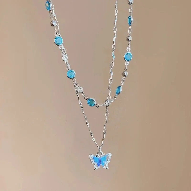 Blue Crystal Butterfly Pendant Necklace