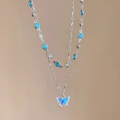 Blue Crystal Butterfly Pendant Necklace