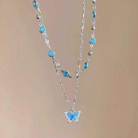 Blue Crystal Butterfly Pendant Necklace