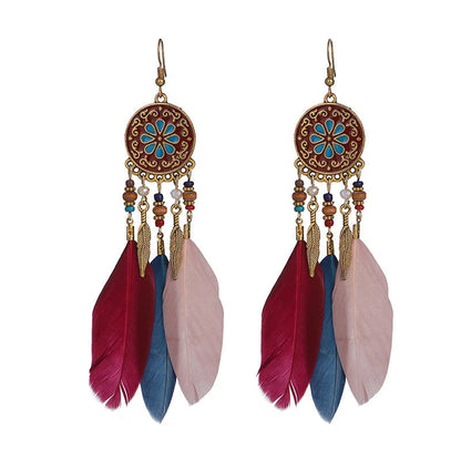 Boho Long Feather Tassel Earrings with Beads & Enamel