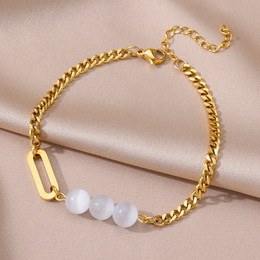 Gold Stainless Steel Imitation Pearl Anklet – Summer Beach Jewelry