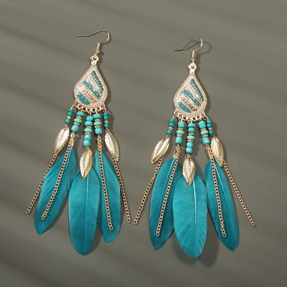 Boho Long Feather Tassel Earrings with Beads & Enamel