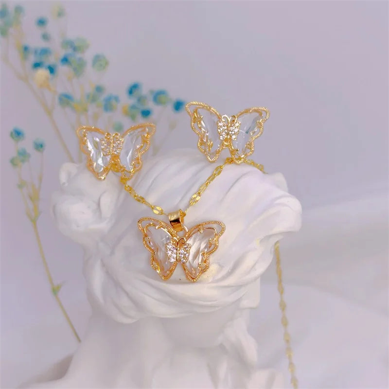Butterfly Necklace & Earrings - Gold-Plated SS Jewelry Set