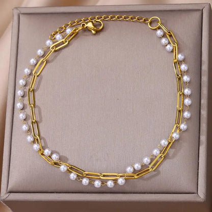 Gold Stainless Steel Imitation Pearl Anklet – Summer Beach Jewelry