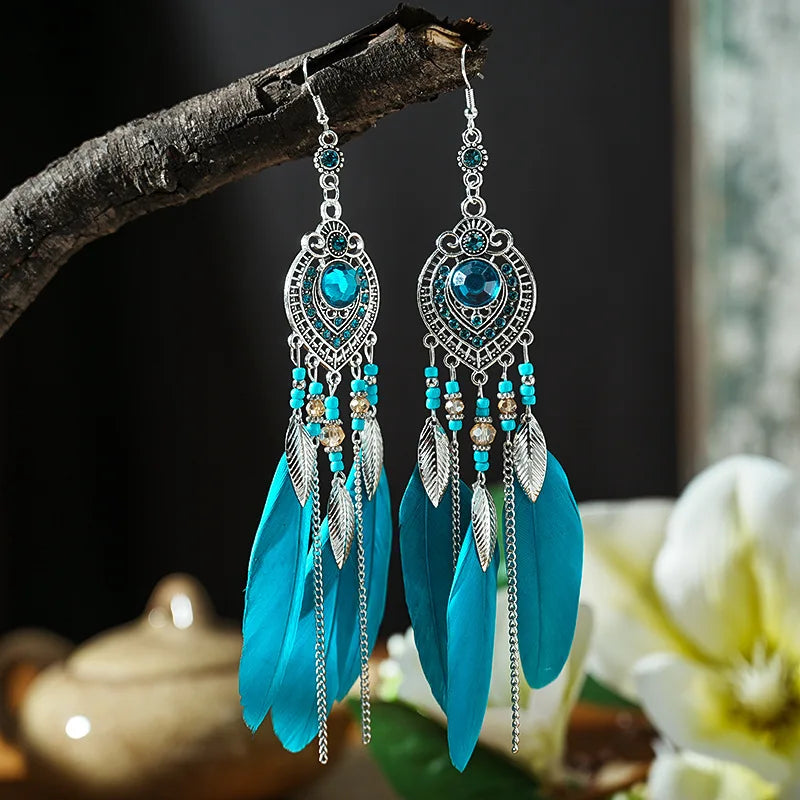 Boho Feather Tassel Earrings – Antique Silver Leaf Drop Earrings