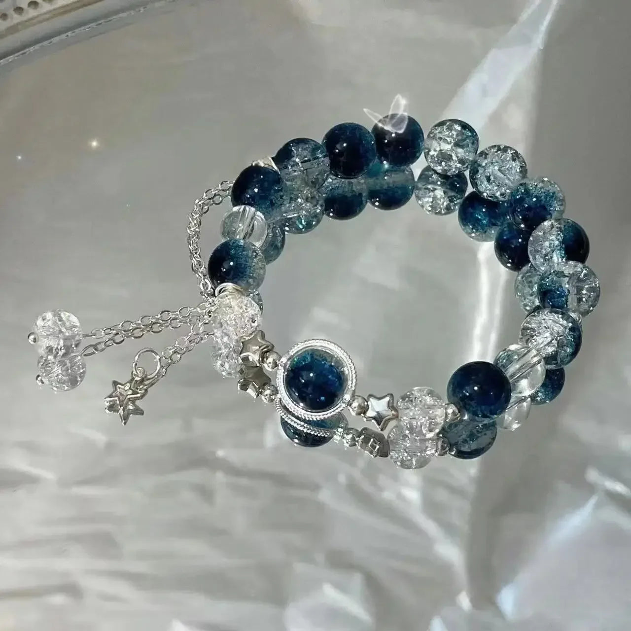 Star Chain Tassel Bracelet – Blue Crystal Beads Elastic Rope