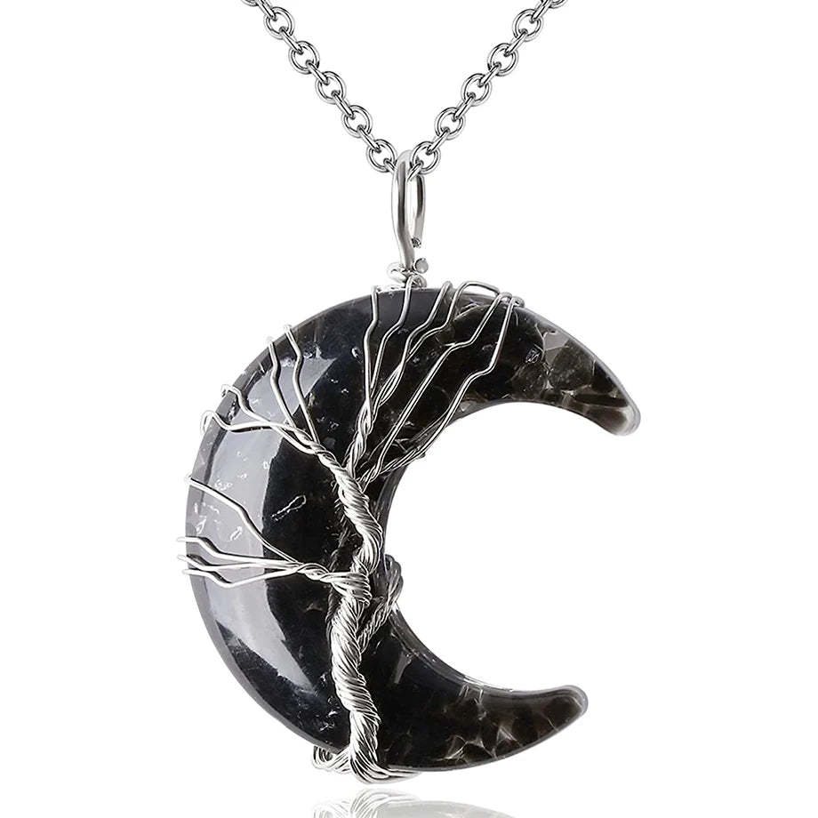 Tree of Life Crescent Moon Pendant – Wire-Wrapped Crystal Necklace