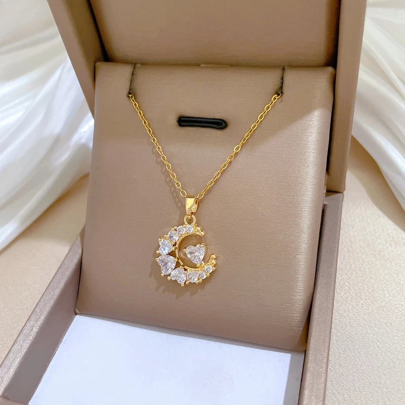 Heart-Studded Moon Pendant Necklace
