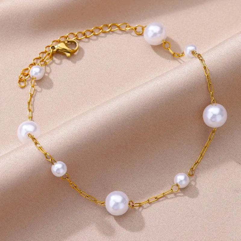 Gold Stainless Steel Imitation Pearl Anklet – Summer Beach Jewelry