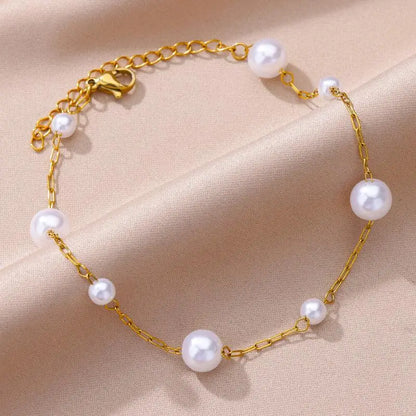 Gold Stainless Steel Imitation Pearl Anklet – Summer Beach Jewelry