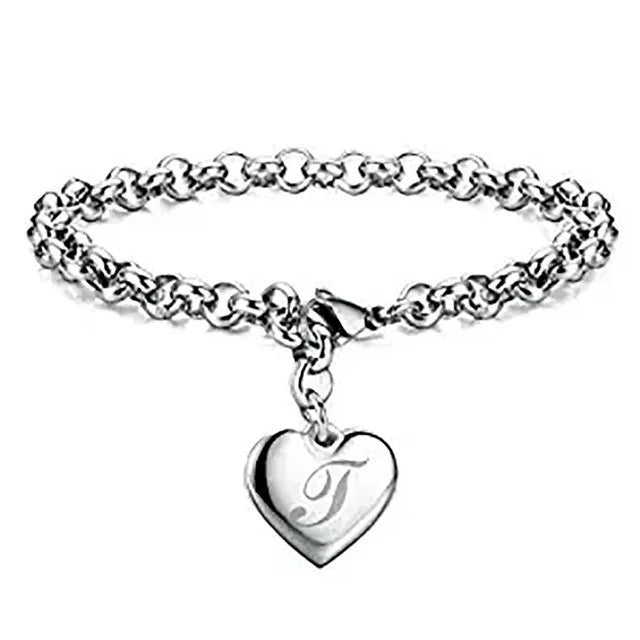 925 Sterling Silver Heart Letter Charm Bracelet for Women