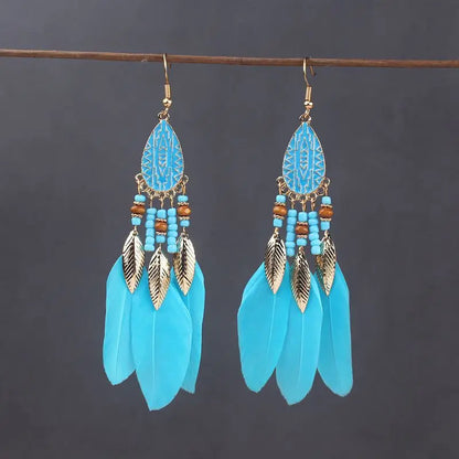Boho Long Feather Tassel Earrings with Beads & Enamel