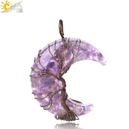 Tree of Life Crescent Moon Pendant – Wire-Wrapped Crystal Necklace
