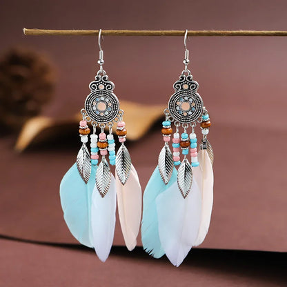 Bohemian Feather Tassel Drop Earrings with Wood Beads