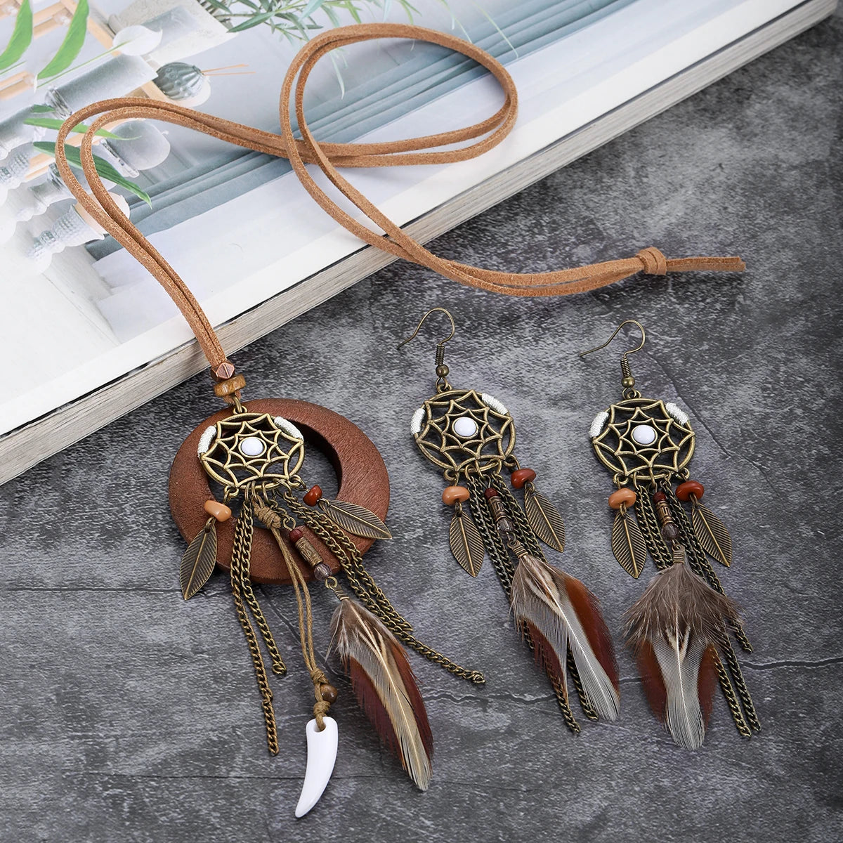 Vintage Boho Feather Tassel Earrings & Leaf Pendant Necklace