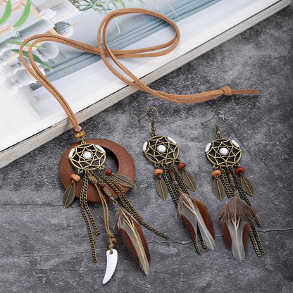 Vintage Boho Feather Tassel Earrings & Leaf Pendant Necklace