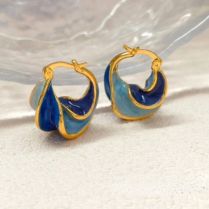 Enamel Wave Hoop Earrings – Textured Blue & Black