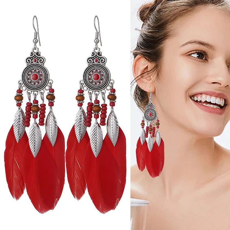 Bohemian Feather Tassel Drop Earrings with Wood Beads