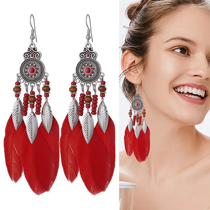 Bohemian Feather Tassel Drop Earrings with Wood Beads