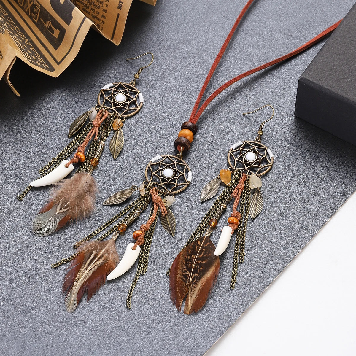 Vintage Boho Feather Tassel Earrings & Leaf Pendant Necklace