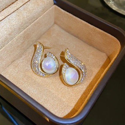 Bohemian Pearl & Rhinestone Stud Earrings