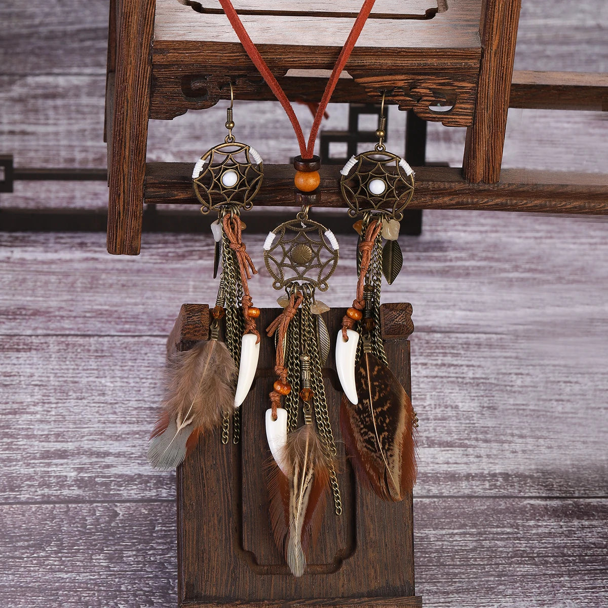 Vintage Boho Feather Tassel Earrings & Leaf Pendant Necklace