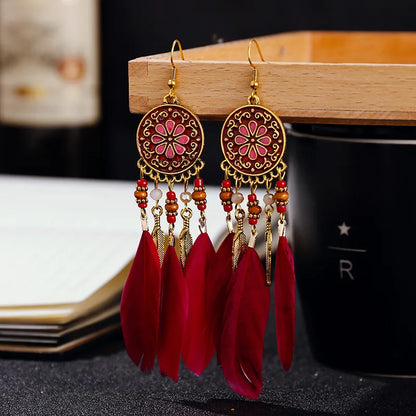 Boho Long Feather Tassel Earrings with Beads & Enamel