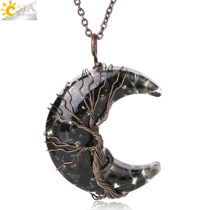Tree of Life Crescent Moon Pendant – Wire-Wrapped Crystal Necklace