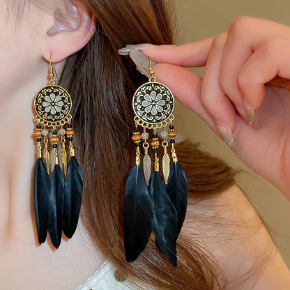 Boho Long Feather Tassel Earrings with Beads & Enamel