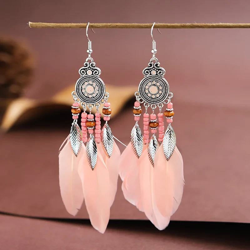 Bohemian Feather Tassel Drop Earrings with Wood Beads