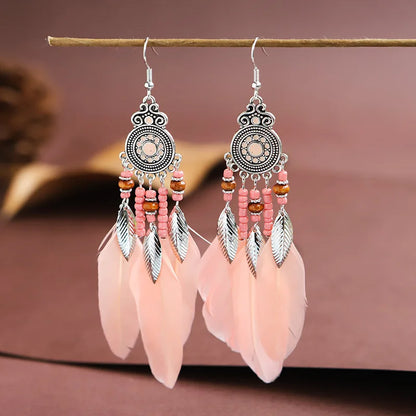 Bohemian Feather Tassel Drop Earrings with Wood Beads