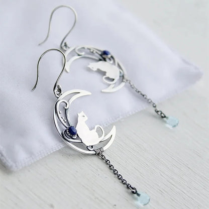 Vintage Silver Cat Crescent Earrings