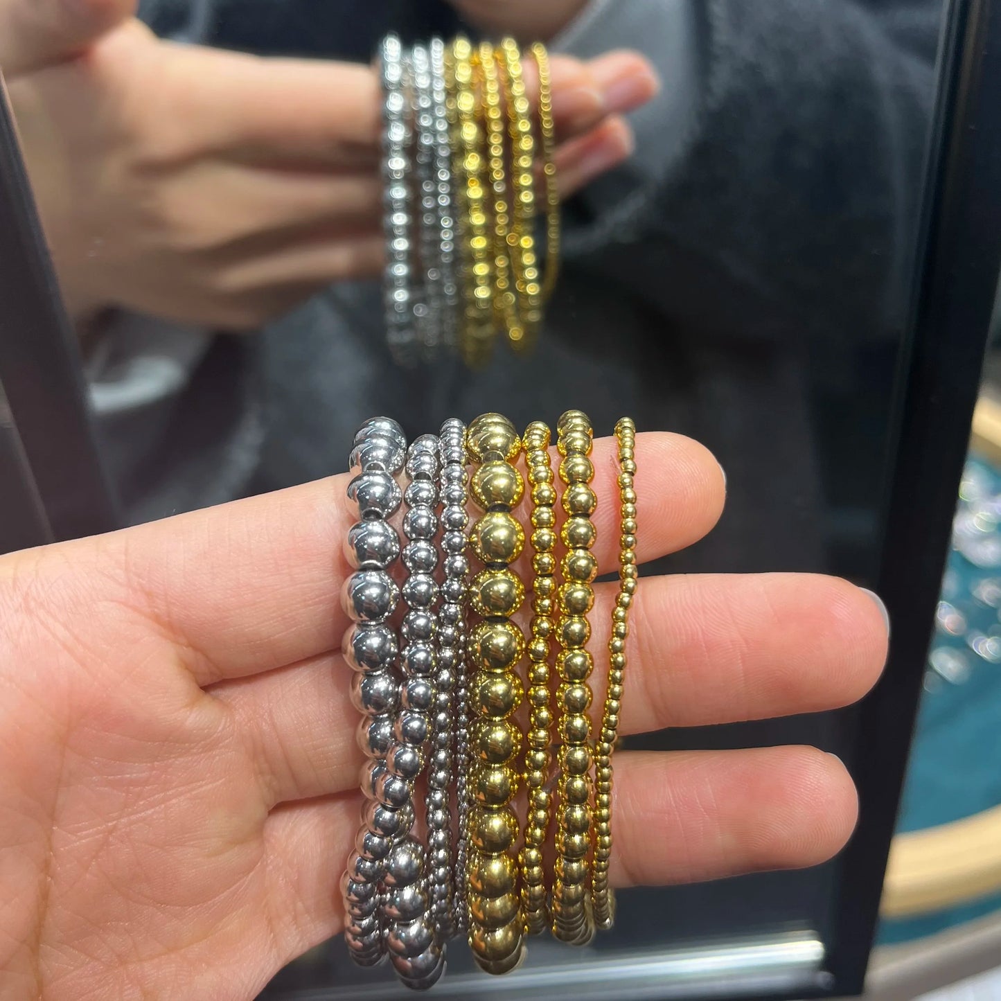 Stretch Ball Beaded Bracelet - Stacked Stainless Steel Bracelet for Women