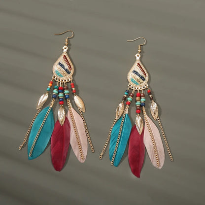 Boho Long Feather Tassel Earrings with Beads & Enamel
