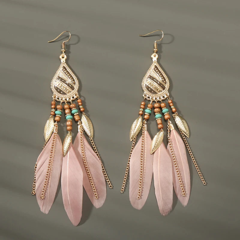 Boho Long Feather Tassel Earrings with Beads & Enamel